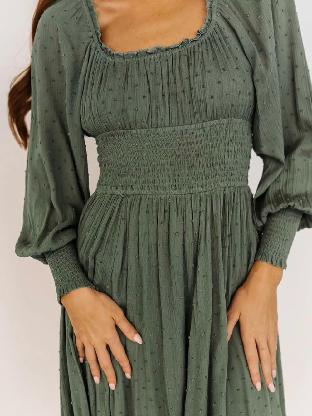 Smocked Waist Long Sleeve Maxi Dress in Olive Green - Picture 5 of 5